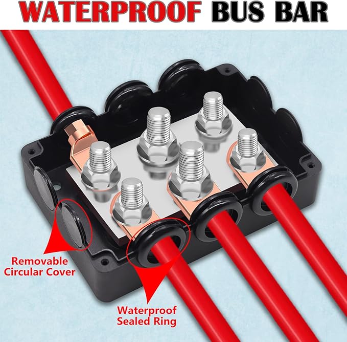 500A Marine Bus Bar Heavy Duty Power Distribution Block, Battery Busbar, Waterproof Automotive Buss Bar with 4X 5/16" (M8) +2X 3/8" (M10) Studs for Car, Boat and Solar Wiring (Black+Red)