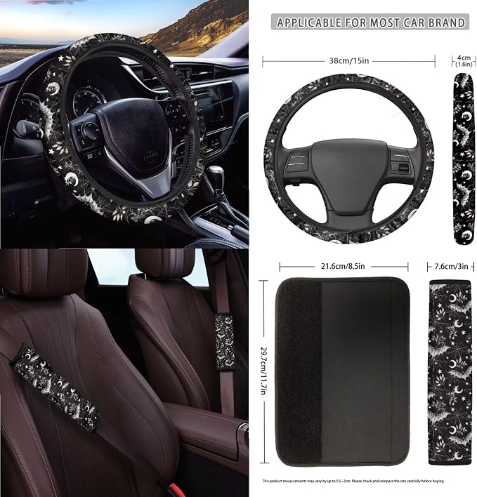 Spider Web Moon Car Seat Covers 15Pcs Full Set Car Steering Wheel Cover Seat Belt Cover Trash Bin Air Vent Storage Box Rear View Mirror Car Cup Holder Keychain Halloween Decor