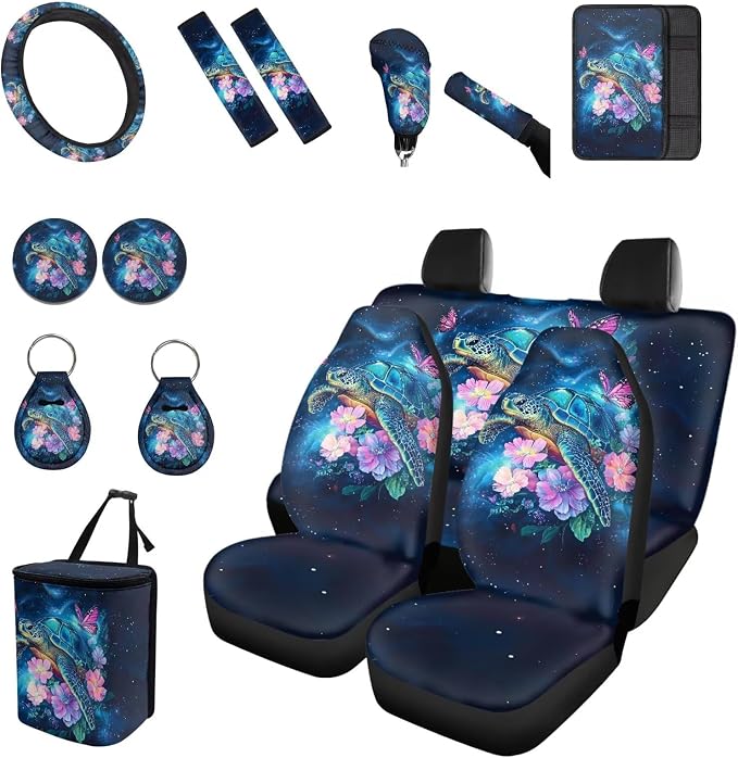 Forchrinse Sea Turtle Car Seat Cover Set for Women Hawaiian Hibiscus 15Piece Car Accessories Set with Steering Wheel Cover Seatbelt Armrest Cover Handbrake Gear Cover Auto Garbage Can