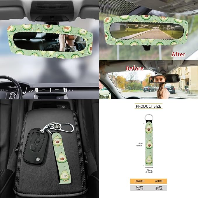 Avocado Print 15Pcs Car Interior Cover Set Includes Car Seat Covers Front and Back Full Set Steering Wheel Cover Safety Belt Pads Rear View Mirror Protector Cup Mats, Green