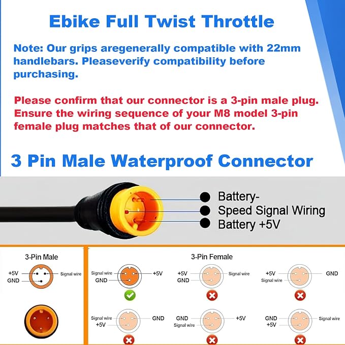 Ebike Full Twist Throttle for Macfox, 3 Pin Surron Style Throttle Grip Kit 12V-72V Compatible with HappyRun Freego Heybike Electric Dirt Bike