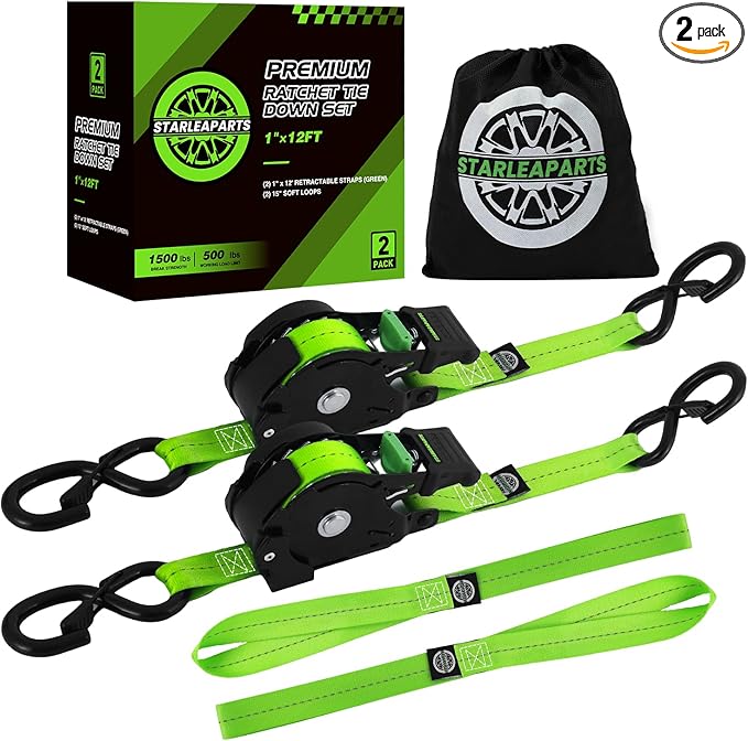 STARLEAPARTS Retractable Ratchet Straps(2PK 1.0INX12FT) - 1,500lb Break Strength, Ratchet Strap Heavy Duty with Rubber Coated Handle, Perfect Auto Ratchet Straps for Motorcycle, Kayak and Trucks