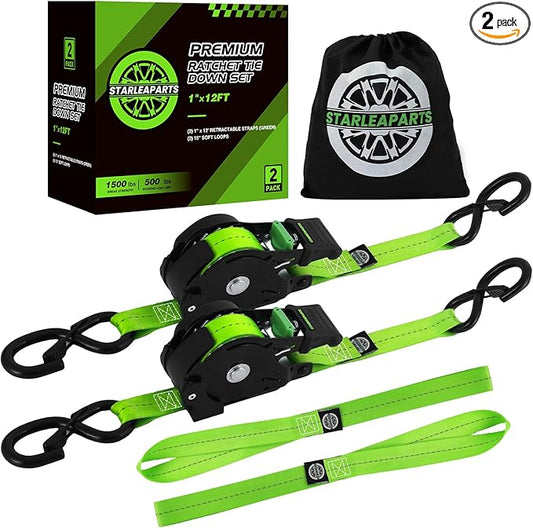 STARLEAPARTS Retractable Ratchet Straps(2PK 1.0INX12FT) - 1,500lb Break Strength, Ratchet Strap Heavy Duty with Rubber Coated Handle, Perfect Auto Ratchet Straps for Motorcycle, Kayak and Trucks