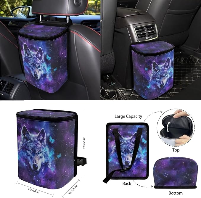 Wanyint Galaxy Wolf Butterfly 15 PCS Car Seat Cover Full Set with Steering Wheel Cover Seat Belt Strap Pads Cup Coasters Trash Bag Air Vent Storage Bag Rearview Mirror Cover Keychain Auto Decoration