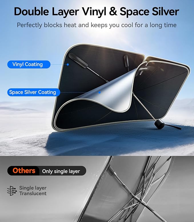 Nmoiss True Dual Layer Air Cooled Windshield Sun Shade Umbrella - [Drive to Superior Coolness & Comfort] Block 99% UV Sun Rays & Heat Damage Keep Cool and Protect Interior XL
