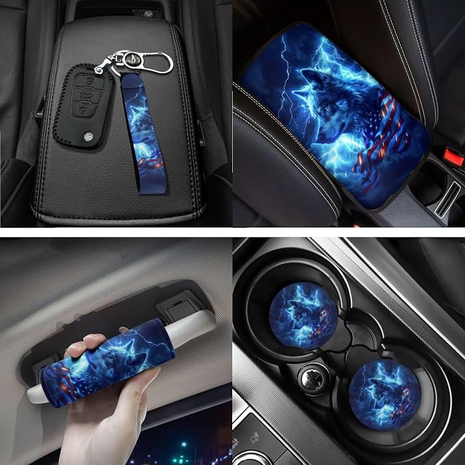 18 Pcs US Flag Wolf Lightning Car Interior Accessories Set, Car Seat Covers Full Set with Auto Floor Mats Steering Wheel Cover Armrest Pad Handle Wraps Seat Belt Pads Keychains Cup Coaster