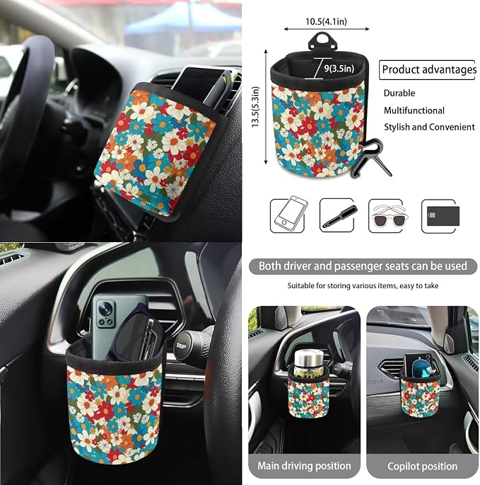 Colorful Hippie Daisy Print 15Pcs Car Seat Cover Full Set Car Steering Wheel Cover Seat Belt Cover Trash Bin Air Vent Storage Box Front Rear View Mirror Car Cup Holder Keychain