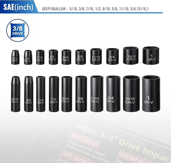 Reniteco 64-Piece 3/8" Drive Socket Set, SAE (5/16"-1") & Metric (6mm-24mm), Deep & Shallow, 72-Tooth Ratchet Wrench, Extension Bars, 1/2" F to 3/8" M Reducer, Universal Joint & Power Drill Adapter
