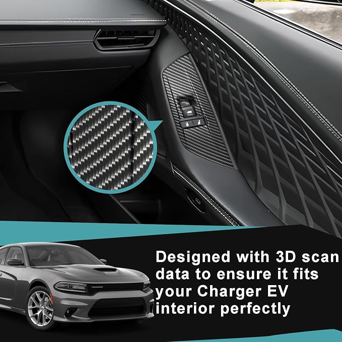 BestEvMod 3PCS Interior Decoration Trim Set of 3 Window Lift Switch Panel Cover & Steering Wheel Lower Spoke Trim Compatible with Dodge Charger EV 2026 2025 2024 (Matte Carbon Fiber Pattern)