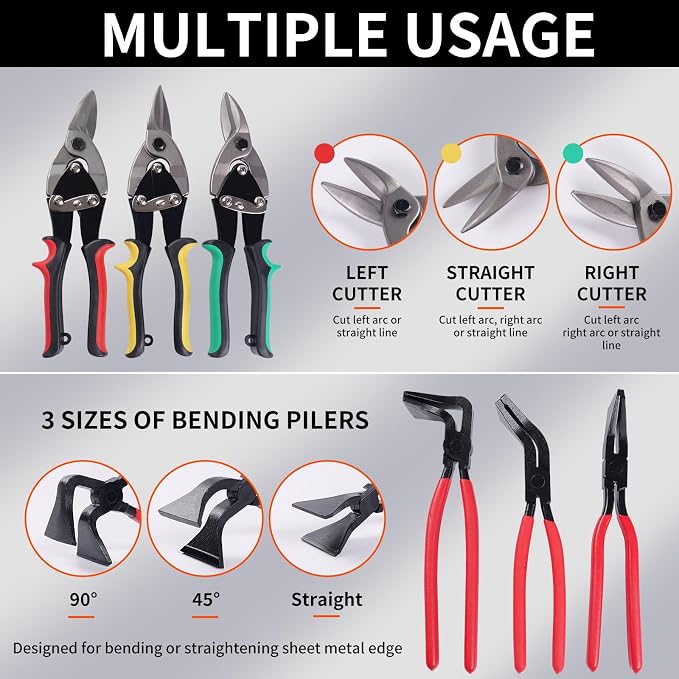 6-Piece Sheet Metal Tools Set – Aviation Tin Snips (Straight Left Right) & Hand Seamers (Straight, 45°, 90°), Metal Cutting Shears & Bending Pliers Kit for HVAC Ductwork Fabrication