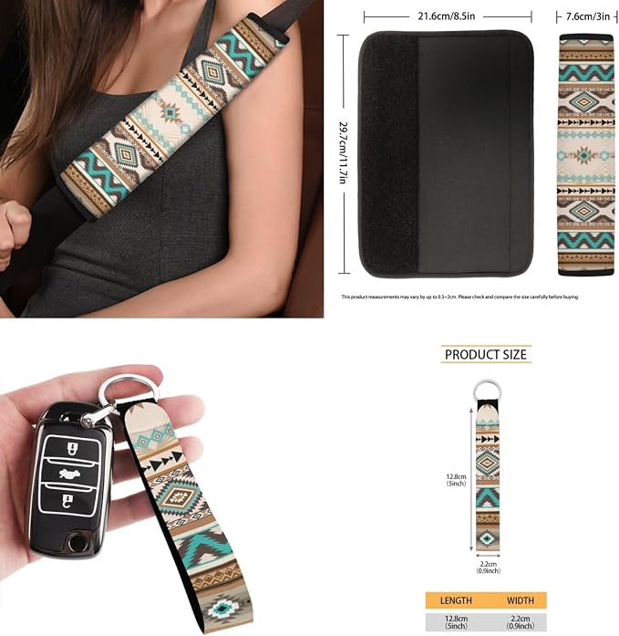 Boho Tribal Car Seat Covers Set of 15 with Universal Steering Wheel Cover, Rearview Mirror Cover, Car Trash Can, Seatbelt Pads, Cup Holder Coasters, Keychains