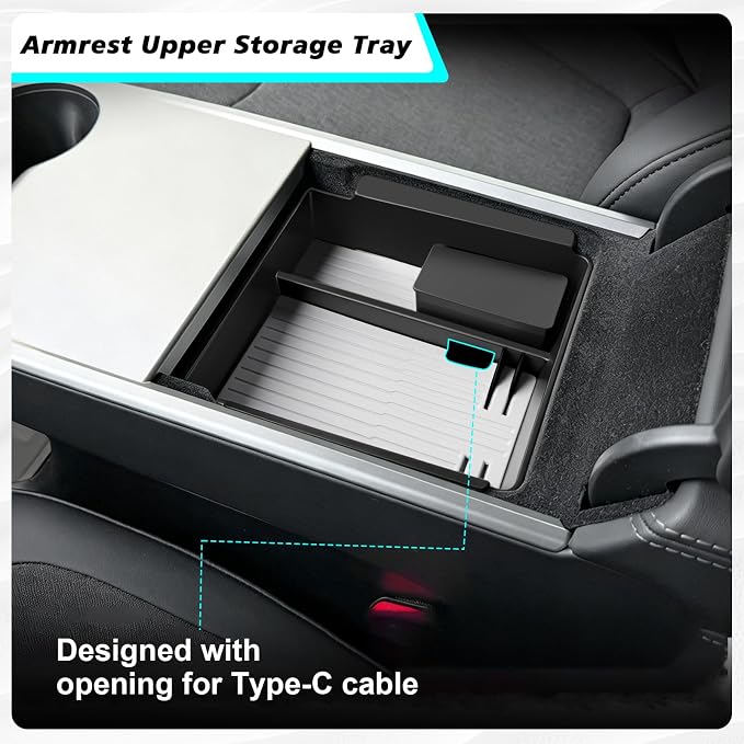 BestEvMod 4PCS Center Console Organizer Compatible with 2026 2025 Tesla Model Y Juniper | Standard Version | Accessories Armrest Storage Tray Cup Holder Wireless Charging Pad (Silicone Bottom Tray)