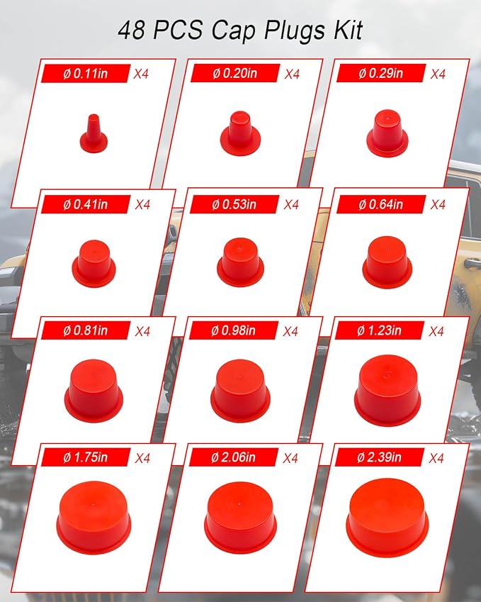 48 Pcs Automotive Cap Plugs Kit 0.11" to 2.39" Fit for AutoLine Pro, Autool, MR CARTOOL, OTC, Plastic Tapered Wide Thick Flange Hose Caps