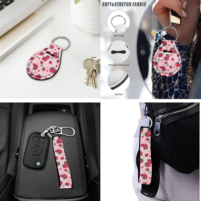 Pink Strawberry Car Seat Cover Sets with Steering Wheel Cover,Car Sun Shade,Seat Belt Covers Cup Holder with Keychain,Fruit Car Accessoires Universal Fit Most Cars SUV Trucks,16 Pack