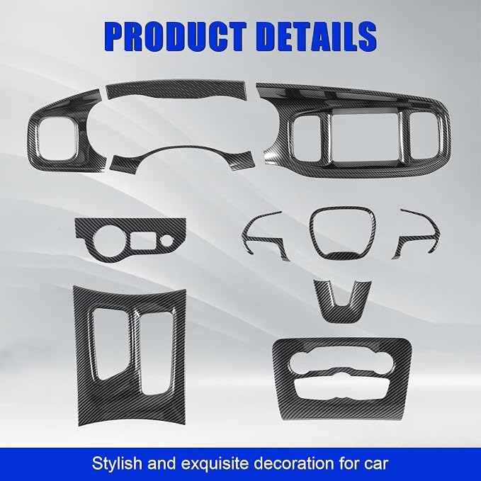 12PCS Carbon Fiber Interior Cover Kit Compatible with 2015-2023 Dodge Charger, Gear Shift Panel Cover Cup Holder Cover AC Air Vent Cover Headlight Switch Panel Cover Steering Wheel Cover
