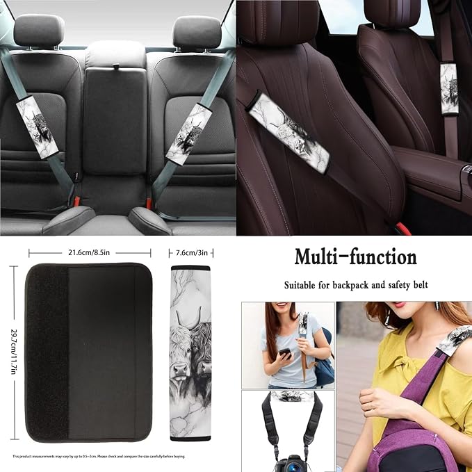 Suobstales Highland Cattle Marble Print Car Accessories Seat Covers for Cars for Women Full Set with Steering Wheel Cover + Seat Belt Covers + Coasters + Keychains Interior Cover Set of 11