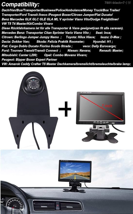Universal Camera Car Top Mount Rear View Reverse Parking Camera,Replacement for Citroen Berlingo Jumper Jumpy Nemo Dacia Dokker Van Nissan Navara HD All RV Models (Black Camera with 7 inch Monitor)