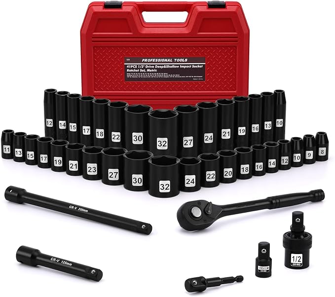 Mayouko 41PCS 1/2" Drive Impact Socket Wrench Set, Deep & Shallow Metric Socket Set 8-32mm, 72 Tooth Ratchet Handle, CR-V, Includes Extension Bars, Universal Joint, Adapters, 6 Point Design