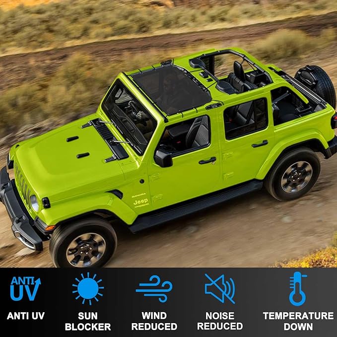 JT JL Top Sun Shade Roof Compatible with Jeep Wrangler and Gladiator 2 or 4 Door 2018 to 2023 Sunshade Sunroof Blocks UV Wind Noise Black Mesh for Front