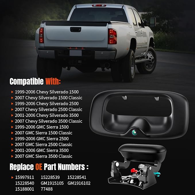 LCWRGS Tailgate Latch Handle Bezel Trim Kit with Backup Camera OE# 15228539 | Fits for 1999-2006 Chevy Silverado GMC Sierra 170° Wide-angle Night Vison Waterproof Easy Installation Rear View Camera