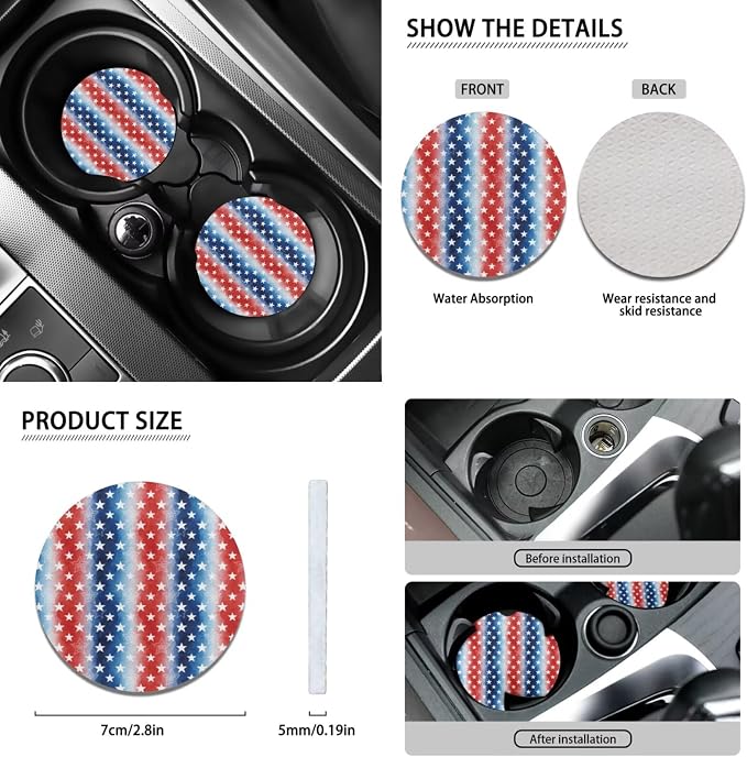 Wanyint Car Accessories 12 PCS, with Car Seat Covers Steering Wheel Seat Belt Pad Armrest Handbrake Gear Shift Cover Coasters Universal 4th of July Auto Interior Decor, Star Stripe US Flag