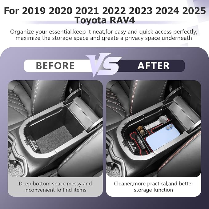 LUWU 2025 RAV 4 Center Console Organizer Compatible with 2019 2020 2021 2022 2023 2024 2025 Toyota RAV 4 Accessories Armrest Console Secondary Storage Box Insert Tray ABS Material Red