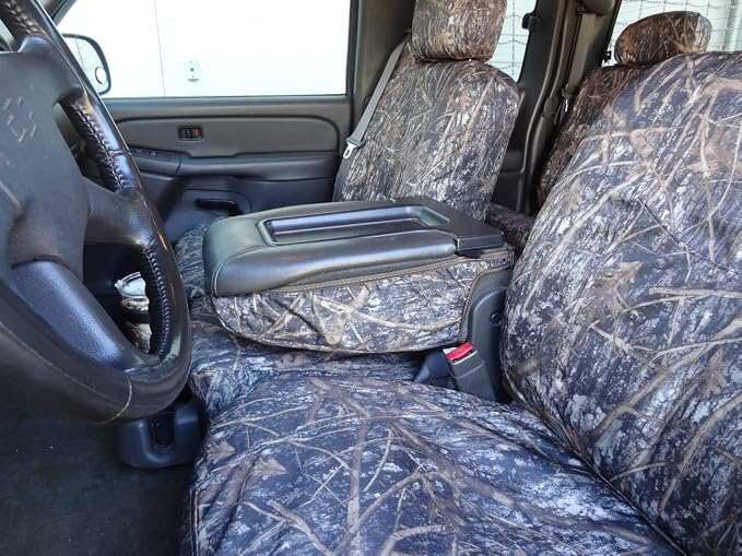 Durafit Seat Covers, SAC Camo Seat Covers for 2003-2007 Chevy Silverado, Suburban and GMC Sierra, Front 40/20/40 with Seat Belts in Top. Electric Driver seat