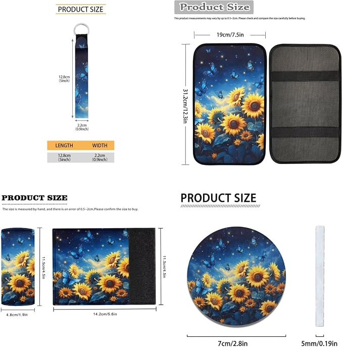Sunflower Butterfly Print Car Seat Covers Car Floor Mats Steering Wheel Cover Armrest Pad Seat Belt Pads Roof Handle Wraps Cup Coasters Keychains Auto Interior Accessories Set of 18