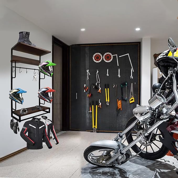 Motorcycle Helmet Holder Wall Mounted Motorcycle Gear Helmet Hook Rack Storage Helmet Hanger Display Stand Football Helmet Wall Mount with 2 Layer Wooden Boards and 4 Hat 14 Accesorios(Upgraded)