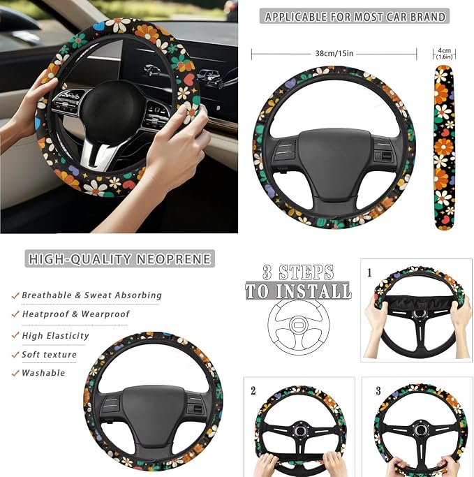 15 Pcs Hippie Flower Car Seat Cover Full Set for Women with Car Steering Wheel Cover Seat Belt Cover Trash Bin Front Rear View Mirror Car Cup Holder Keychain