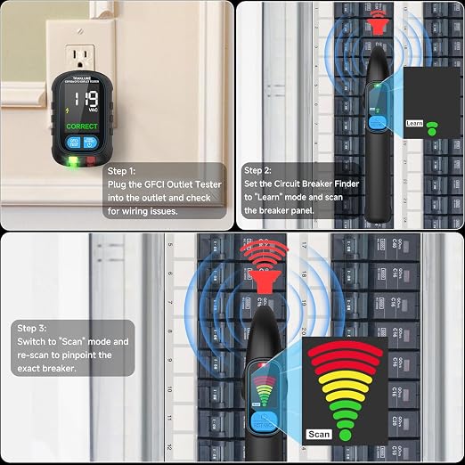 Circuit Breaker Finder Tool with Electrical GFCI Outlet Tester, Electrical Circuit Tracer Kit with LCD Display, Including 3-2 Prong Grounding Adapter, Light Socket Adapter, Clip Adapter, Carrying Case