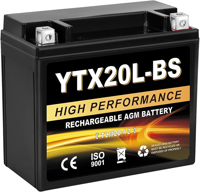 YTX20L-BS 12V 20Ah AGM Sealed Motorcycle Battery, Maintenance-Free, Compatible with ATV UTV Snowmobile Honda Gold Wing GL1800, TRX680, VTX1800