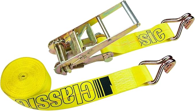 VULCAN Ratchet Strap with Wire Hooks - 3 Inch x 27 Foot - 2 Pack - Classic Yellow - 5,000 Pound Safe Working Load