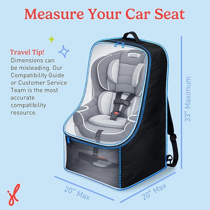 J.L. Childress Padded Backpack Car Seat Bag - Car Seat Travel Bag for Airplane, Cover Fits Most Baby & Infant Carriers & Boosters, Airport Accessories for Gate Check or Baggage Check - Ultimate, Black