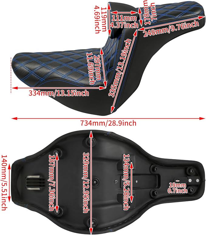 Motorcycle Seat Driver Passenger Seat with Backrests for Harley Low Rider Low Rider S ST 2018-up (Black with blue stitching)