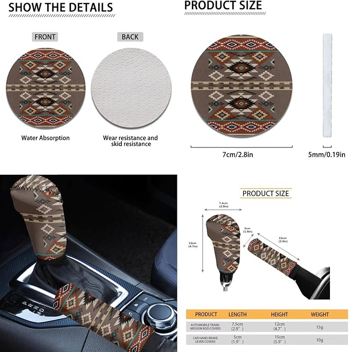 Dreaweet Geometric Aztec Car Seat Covers Full Set Southwestern Native American Seat Covers with Steering Wheel Cover,Center Console Cover,Seat Belt Pads,Coasters,Gear Shift & Handbrake Cover,12 Pcs