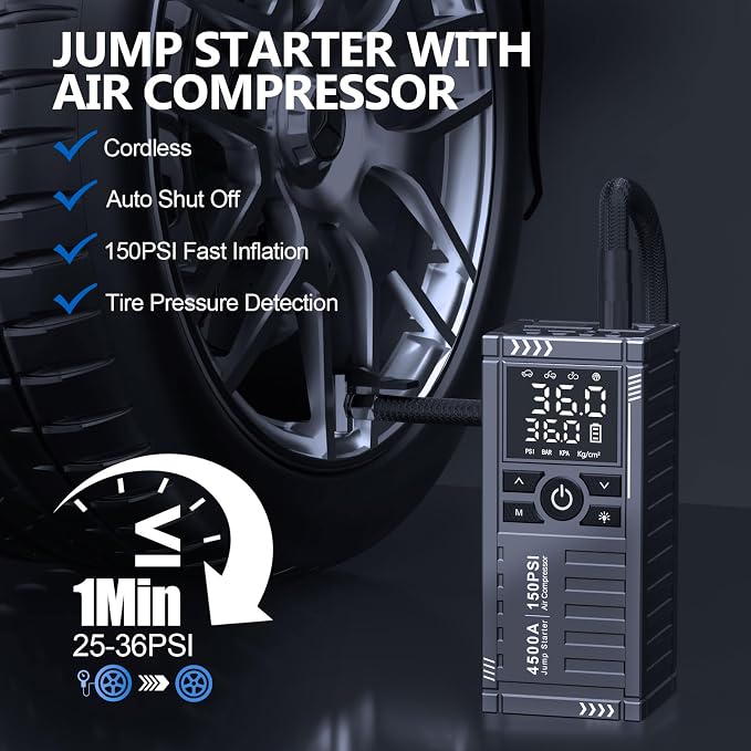 Car Battery Jump Starter with Air Compressor - 4500A 150PSI Portable Car Jump Starters (All Gas/10L Diesel) with Tire Inflator, 12V Car Battery Jump Box with Jumper Cables, LCD Display, LED Light