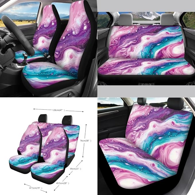 Marble Print 15 Pack Car Seat Covers Set with Steering Wheel Cover Seatbelt Strap Cover Rearview Mirror Covers Cup Coasters Air Vent Storage Bag Trash Bag Key Chain