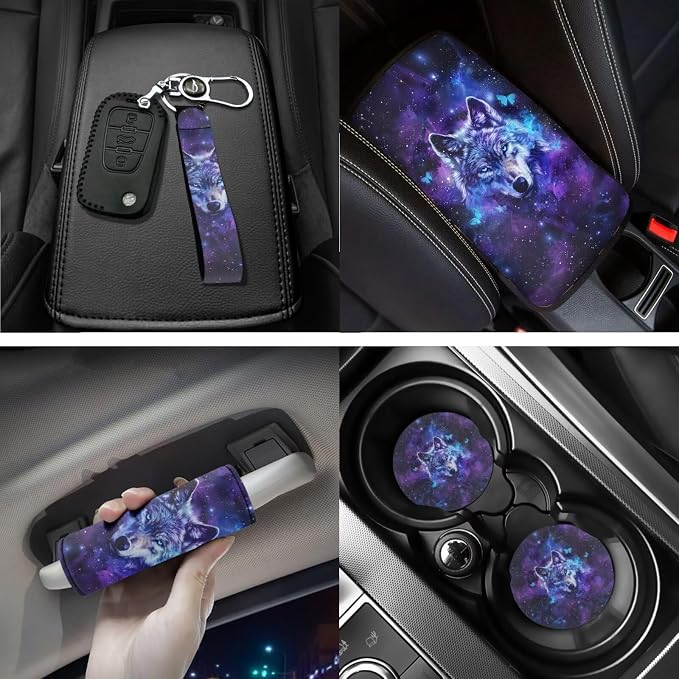 18 Pcs Wolf Butterfly Print Car Accessories Set Car Seat Covers Auto Steering Wheel Cover Floor Mats Seat Belt Pads Armrest Pad Covers Roof Handle Wraps Cup Coaster Keychain