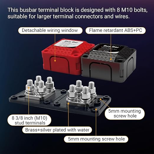 Bus Bar 450A 48V DC Heavy Duty Terminal Studs Box, 2-Pack Busbar with 8 * 3/8 INCH(M10) Studs, Flame Retardant ABS+PC Insulation Cover for Marine, Boat, Car, RV, Solar Panel Electrical Wiring
