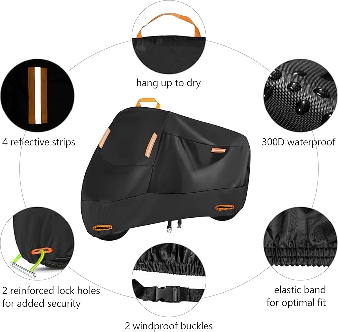 300D Heavy Duty Motorcycle Cover, SECELES All Season Durable Waterproof Outdoor Protection Scooter Cover 4 Reflective Tape Lock-Holes fits up to 86" Yamaha Honda Suzuki (XXL: 86" x 37" x 50")