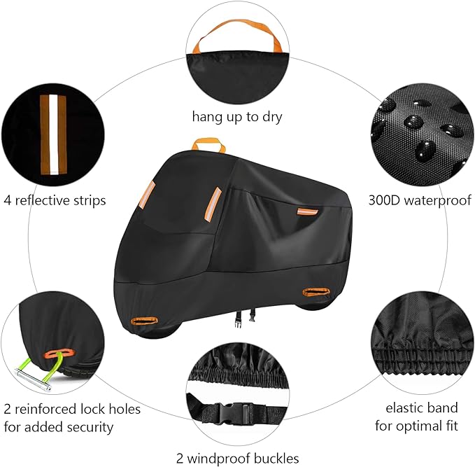 Seceles 300D Motorcycle Cover Waterproof Outdoor, All Season Protection Motorcycle Tarp Fit for Honda VTX 1300 C Fat Bob Kawasaki Vulcan 900 Kawasaki KLR 650 (3XL: 96" x 37" x 50")