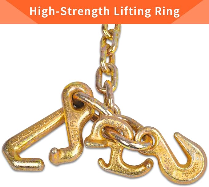 5/16" Grade 70 V-Type Transport Tow Chain 10 Ft w/J-Hooks Long Shank Legs for Flatbed Truck Tie Trailer Tractor Car Wrecker Tow Chain,3700 Lbs Working Load Limit,G70 Steel Towing Chain Bridle