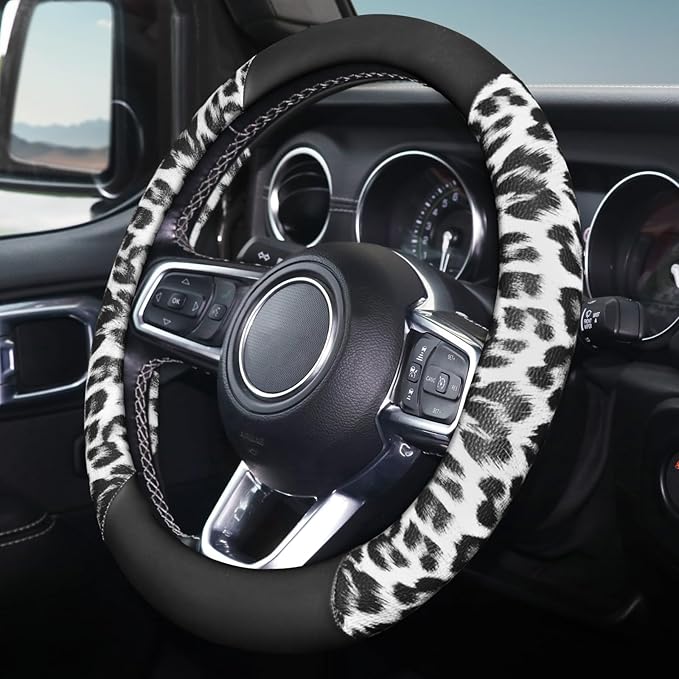 White Leopard Steering Wheel Cover, Universal 14.5-15 inch Breathable Microfiber Leather Anti-Slip Car Steering Wheel Protector for Women Men,Fit for Most Car, Trucks, SUV