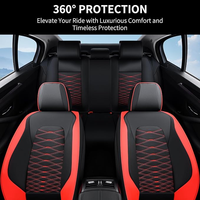 FLORICH Leather Seat Covers, Car Seat Covers Full Set, Car Seat Protector Waterproof, Front and Rear Seat Covers for Cars, Automotive Seat Covers Universal Fit for Most Cars SUV Truck - Red&Black