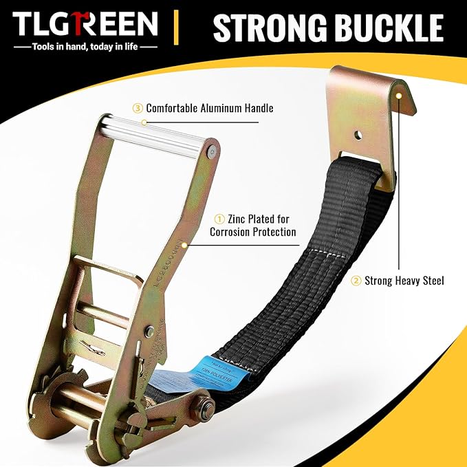 TLGREEN 4 Pack Car Tie Down Straps for Trailers - 2" x 10' -10,000LBS Break Strength Heavy Duty Ratchet Straps with Flat Hooks, for Hauling Truck, SUV, UTV, Motorcycle (Includes Storage Bag) Black