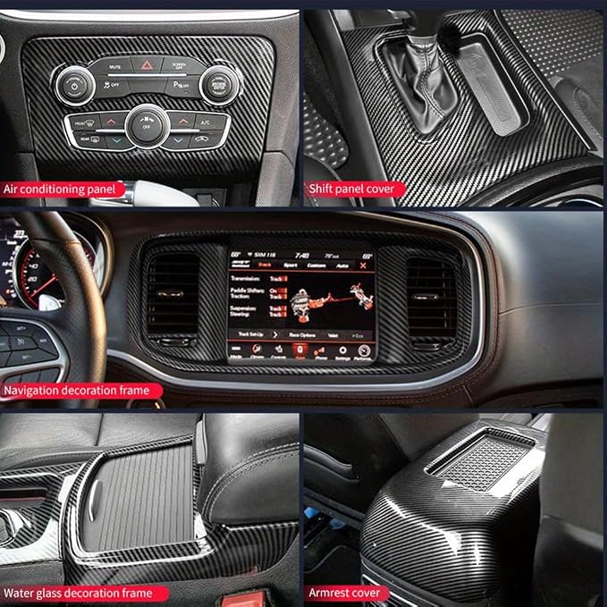 5-Piece Interior Trim Set, Carbon Fiber Shift Boot & Center Console Panels, for 2016-2021 Dodge Charger - Car Interior Accessories Kit - Enhance Car Interior Style (Carbon Fiber Black)