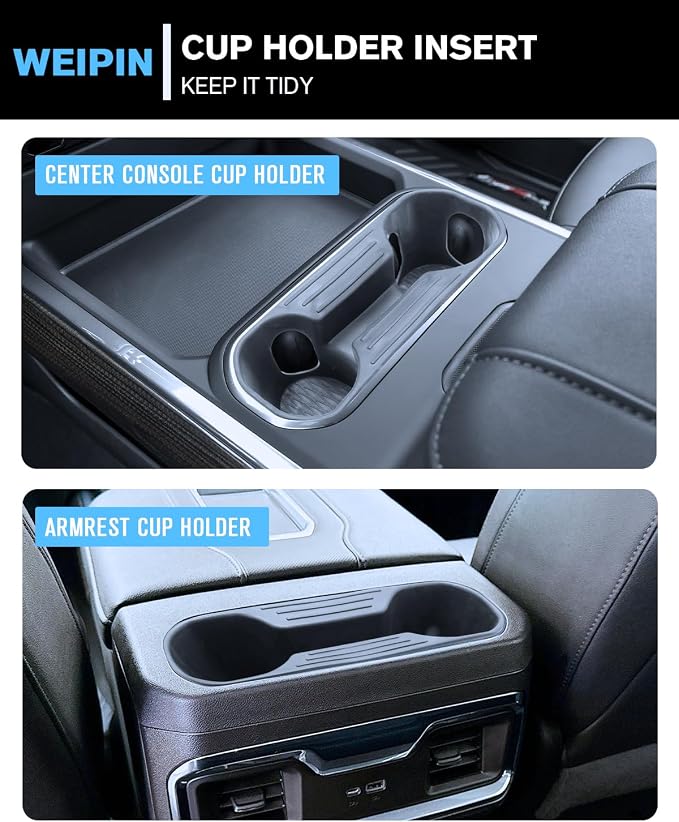 For 2PCS Center Console&Armrest Cup Holder Inserts Compatible with Refreshed Models 2024-2026 Silverado& GMC Sierra 2500HD/3500HD - Full Console w/Bucket Seats Only