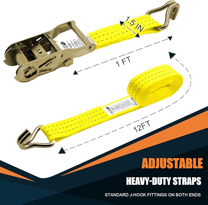 1.5 inch Ratchet Straps Heavy Duty 8 Pack 1-1/2 in x 12ft Cargo Load Tie Down Strap Double J Hook Yellow 2200lbs Working Load for Trucks