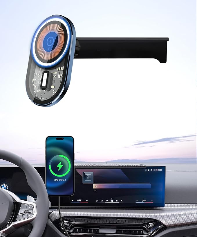 Wireless Charging Car Phone Holder for BMW 3 Series 2023-2026 / 4 Series 2024-2026 / 2 Series 2025-2026 / i4 2022-2026, 14.9" Screen Fixed Clip, 360° Rotation Car Phone Mount Compatible with MagSafe